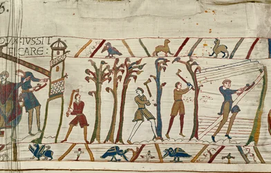 Trees are chopped down to build ships for the Norman fleet, Bayeux Tapestry
